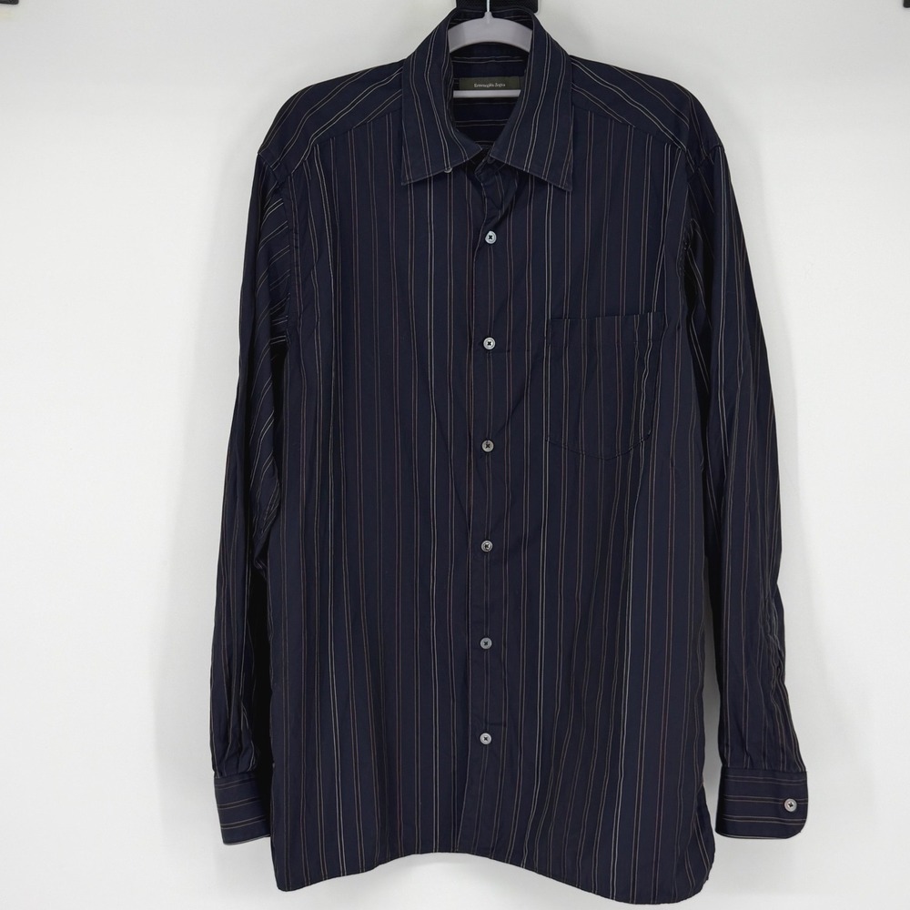 Ermenegildo Zegna Mens Medium Navy Blue Striped Cotton Button Down Shirt Italy